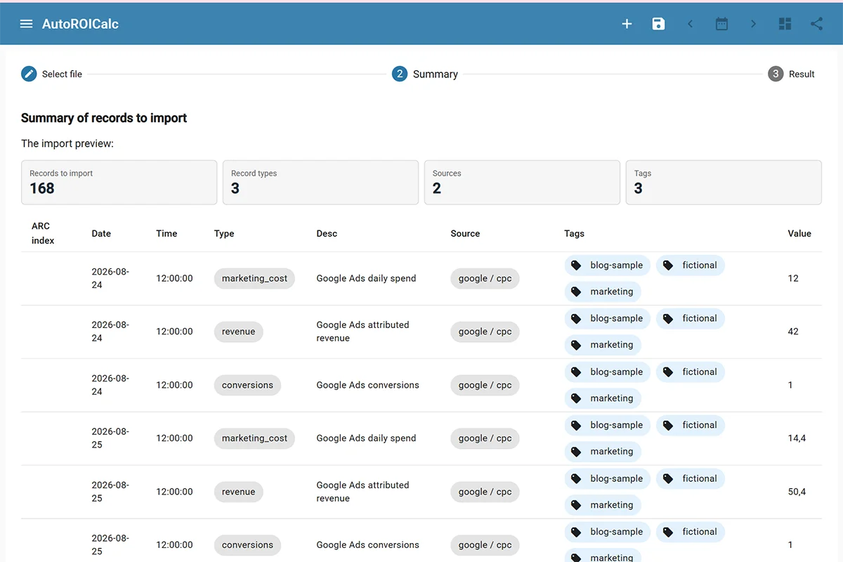 Importujte vzorové záznamy
